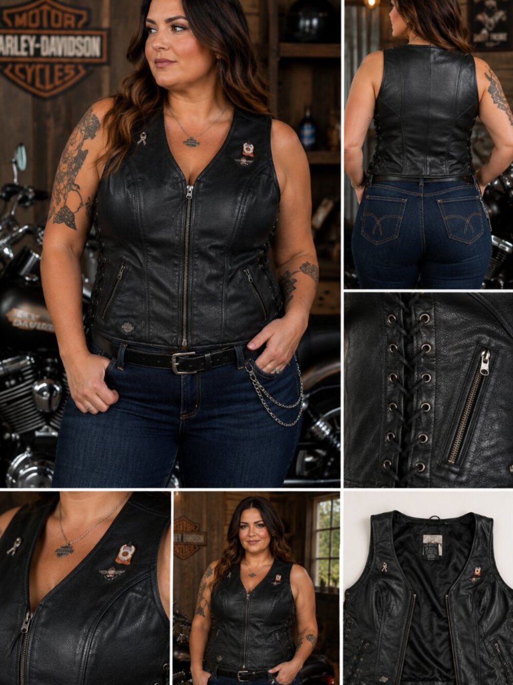 Harley-Davidson Womens XL Genuine Leather Motorcycle Vest Lace Up Black Biker
